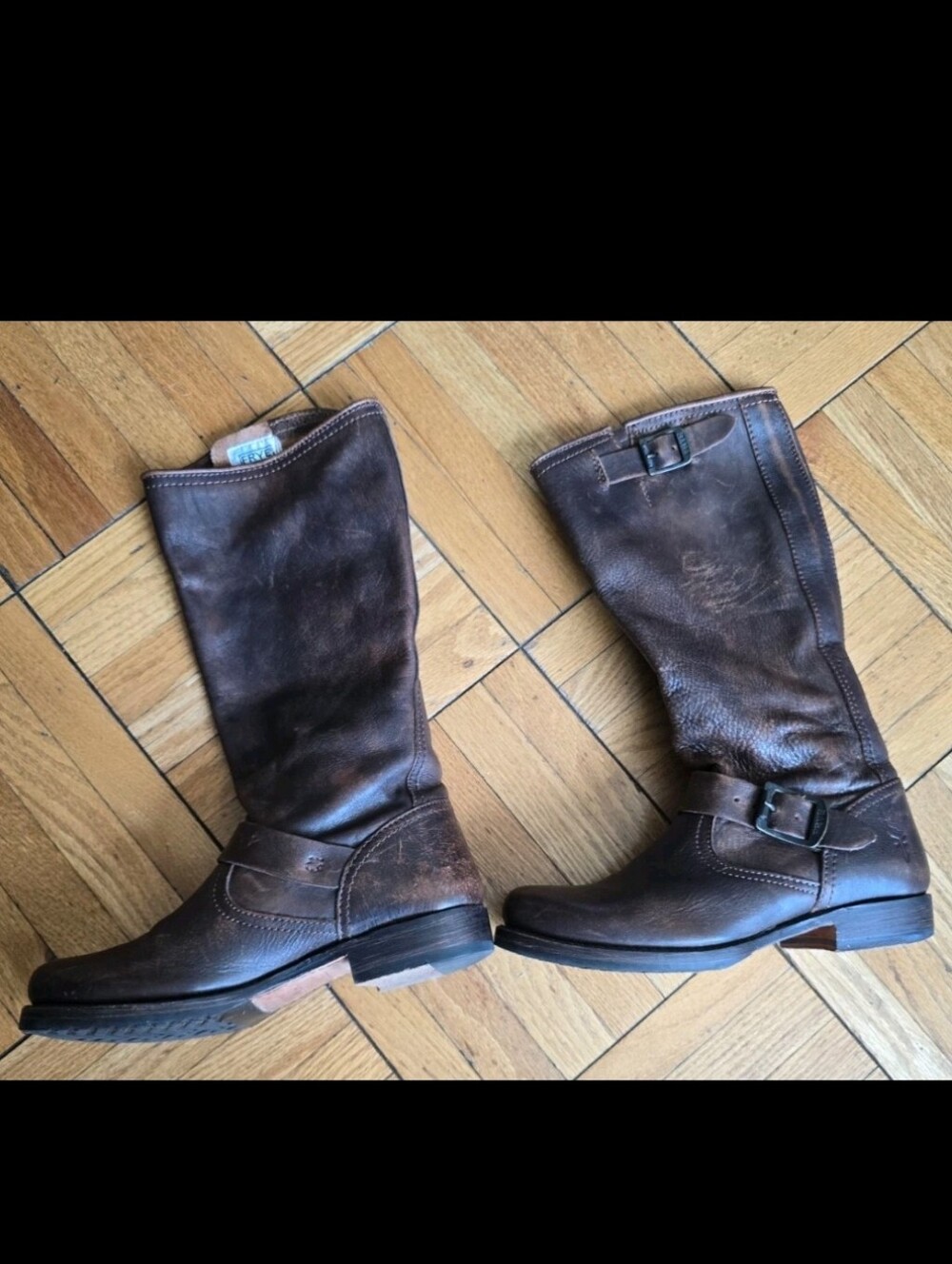 Frye Veronica Slouch Brown Leather Buckle Calf Boots - Picture 3 of 7